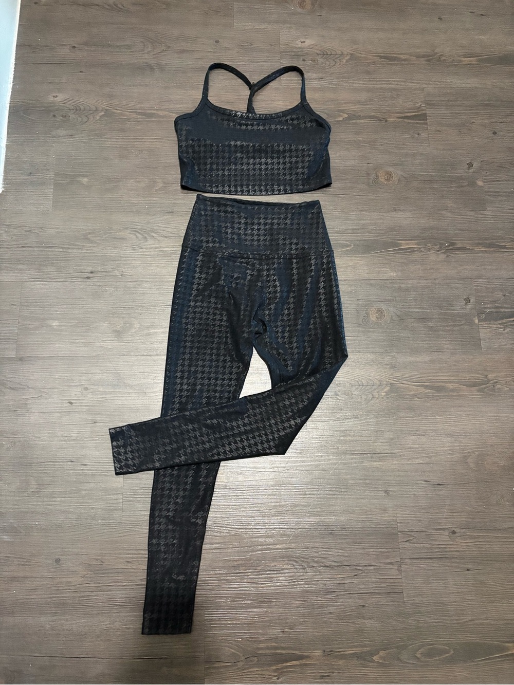 High-Waist Black Metallic Leggings with Matching Sports Bra